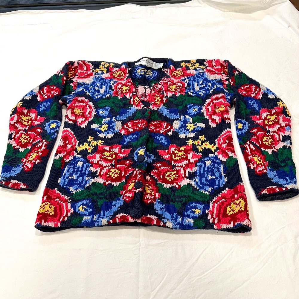 Eagle's Eye Vintage Navy Blue Cotton/Ramie Hand knit Floral Cardigan